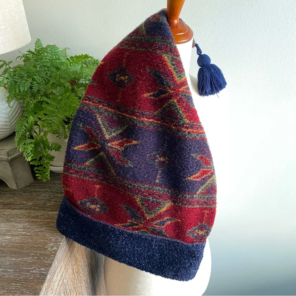 Rare Vtg L.L. Bean Wool Winter Tassle Long Elf Hat Red Blue Green